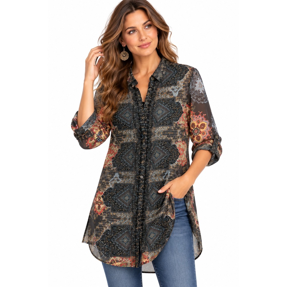 NWT Johnny Was Womens Mumbai Della Silk Tunic XXS Paisley New Button Down Blouse